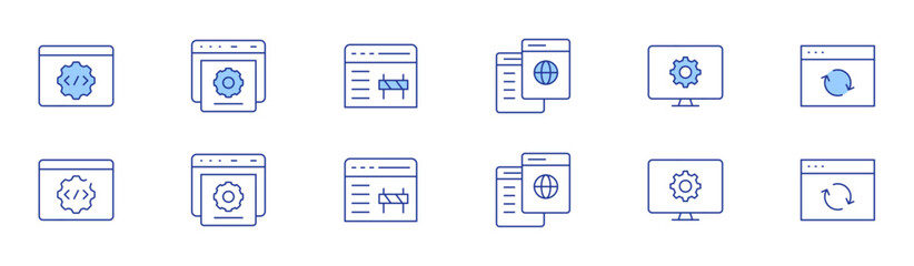 Website icon set in two styles, Duotone and Thin Line style. Editable stroke. online learning, web maintenance, api, update, website