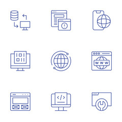 Website icons set. Thin Line style, editable stroke. browser, worldwide, data exchange, adware, binary code, wireframe, coding, world