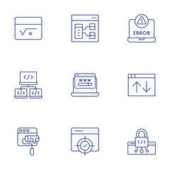 Website icons set. Thin Line style, editable stroke. deployment, website, web traffic, theme, target, web security, maths, browser, error