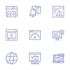 Website icons set. Thin Line style, editable stroke. ico, notification, software developer, worldwide, video, site, css, analytics, warning