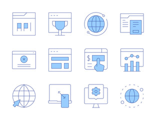 Website icons. Line Duotone style, editable stroke. trophy, error, online, web design, responsive, online donation, web development, analytics, web page, browser, world, localization