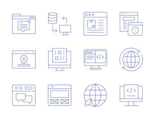 Website icons. Thin Line style, editable stroke. message, website, error, coding, forum, online, data exchange, adware, binary code, wireframe, world