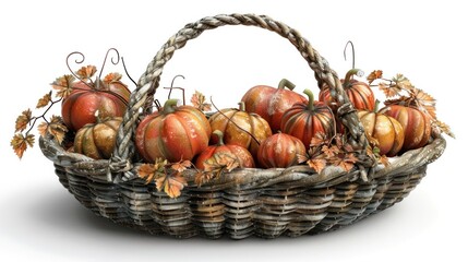 Rustic woven basket filled with a bountiful harvest of autumn pumpkins gourds and squash  Cozy warm toned fall for Thanksgiving or seasonal home display