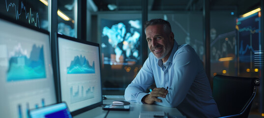 Fototapeta premium Successful Businessman Analyzing Rising Profit Graphs in High-Tech Office Environment