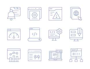 Website icons. Thin Line style, editable stroke. notification, software developer, site, website, web browser, web design, web maintenance, web, css, analytics, warning