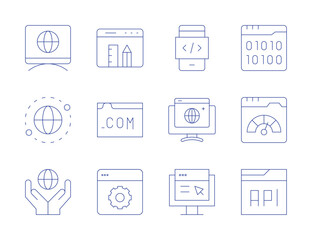 Website icons. Thin Line style, editable stroke. web browser, mobile app, world, improvement, localization, browser, pencil, domain, software, binary code, web, web page