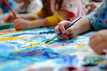 Vibrant Preschool Art Activity: Children's Hands Painting with Watercolors on Paper