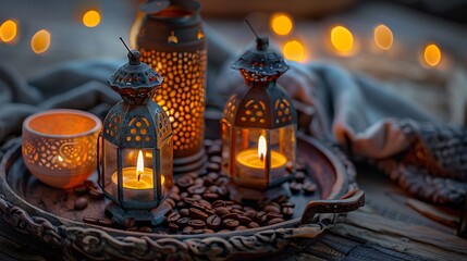 Coffee lanterns and a candle blazing on a rustic tray