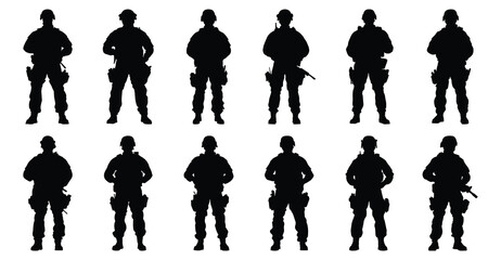 Soldier silhouettes set, military pack of vector silhouette design, isolated background.