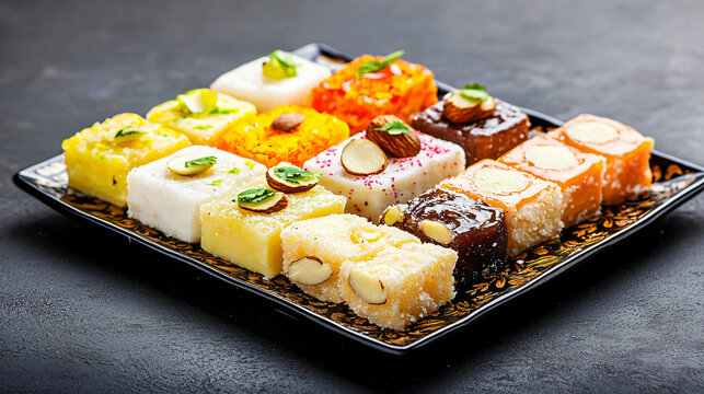 assorted Indian milk sweets featuring pedha and almond burfi