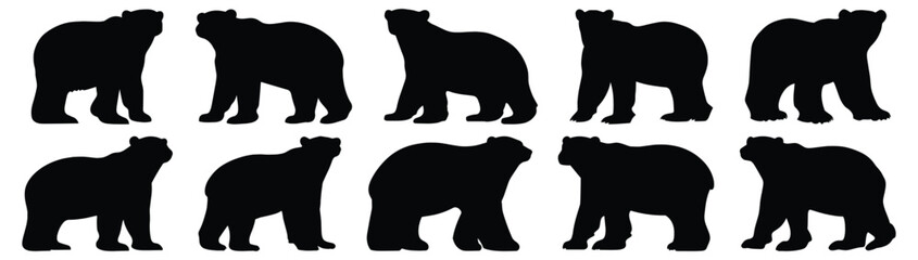 Polar bear silhouettes set, bear pack of vector silhouette design, isolated background.
