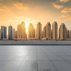 Obraz premium Modern city skyline at sunset with skyscrapers reflecting golden sunlight, spacious tiled floor, and metal railing in the foreground, perfect for urban lifestyle, travel, and architecture content.