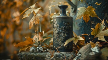 Cologne container in an ominous undertone autumn greenery placed next to a winter pattern