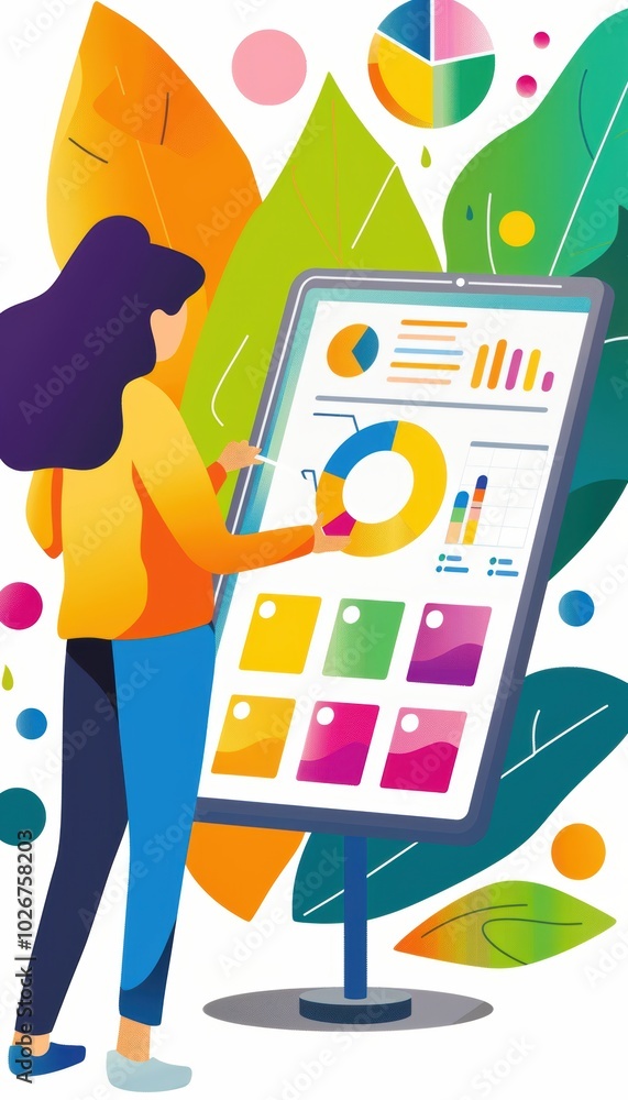 Poster digital marketing analysis with colorful graphs on tablet for ad campaign performance review