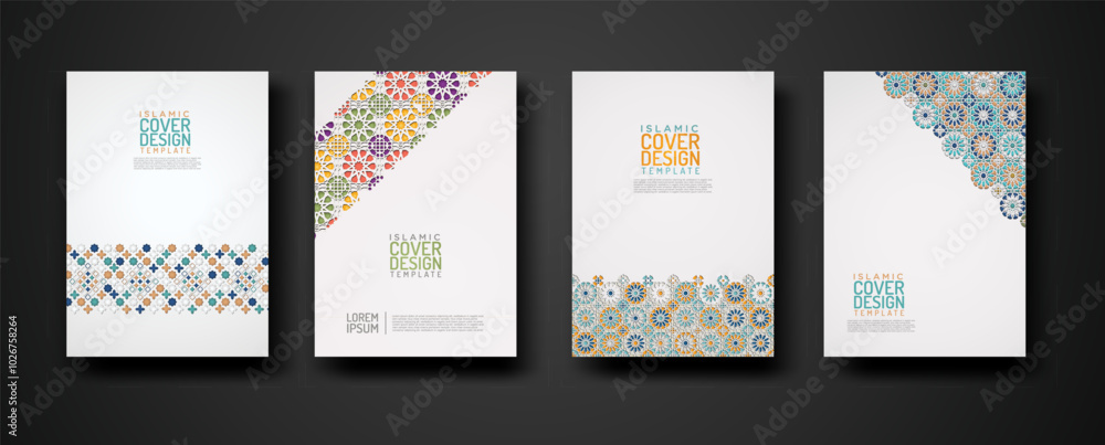 Wall mural set islamic cover design template with colorful detail and texture of floral mosaic islamic art orna