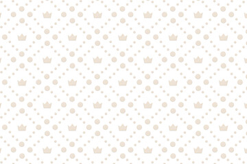 ひし形に並んだ丸いドット柄に囲まれた冠が並ぶ白い木目柄のパターン素材