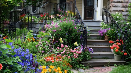 Obraz premium Colorful flower beds in an attractive house yard that border an old staircase