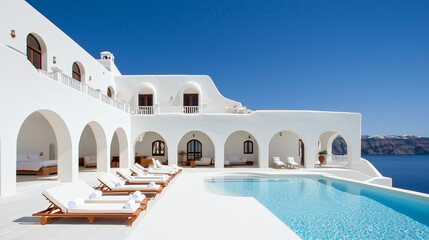 Obraz premium luxurious Mediterranean retreat featuring deck chairs, infinity pool, and panoramic sea view