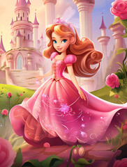  Cartoon style, pink princess dress, long hair, fairy wings on her head, standing in front of the castle with roses and grass around it