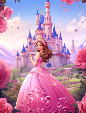 Princess, wearing a pink dress and crown in front of a castle with roses, in a cartoon style