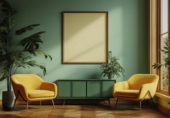 Minimalist modern living room with sofa and terra cotta armchairs near arch windows. Stylish, clean interior design in neutral tones, featuring elegant furniture arrangement and natural light