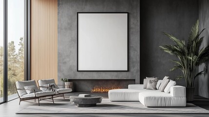 Large White Blank Poster Frame in Cozy Mid-Century Modern Interior with Light Grey Armchair and Coffee Table by Fireplace, Soft Warm Lighting and Neutral Tones