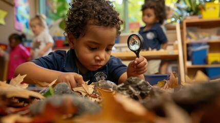 Curious Preschoolers Exploring Nature with Magnifying Glasses in a Vibrant Classroom Setting