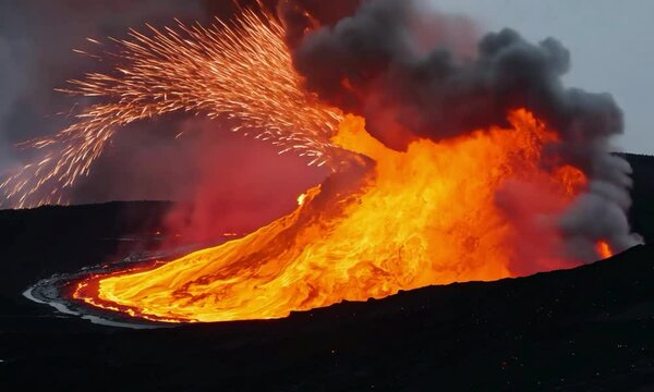 Arc shot with fiery expulsion: The camera starts with a close-up of lava being expelled from the volcano. It then performs a circular arc around the eruption, highlighting the fiery expulsion and smok