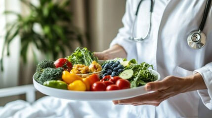 Close up of a nurse delivering a tray of healthy food to a patient in a hospital bed, clean and minimalistic image.