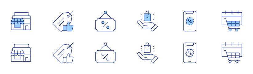 Shopping icon set in two styles, Duotone and Thin Line style. Editable stroke. shop, best price, product, sign, sales, shopping