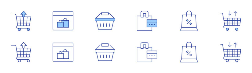 Shopping icon set in two styles, Duotone and Thin Line style. Editable stroke. shopping bag, shopping cart, shopping online, shopping basket