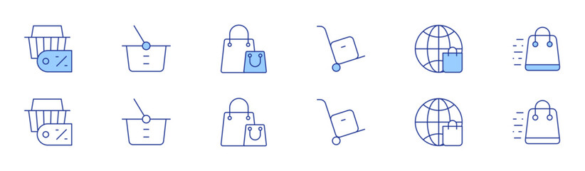 Shopping icon set in two styles, Duotone and Thin Line style. Editable stroke. shopping basket, trolley, globe, shopping bag, shopping cart