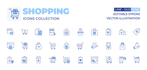 Shopping icons collection. Line Duotone style, editable stroke. add to cart, shopping cart, online shopping, tote bag, shopping bag, trolley, shopping trolley