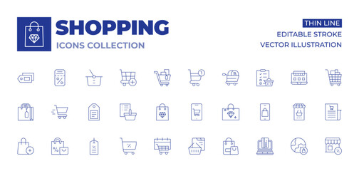 Shopping icons collection. Thin Line icons, editable stroke. cart, add to cart,  bag, mobile phone, jewelry,  list, global market, online ,  tag, sales, purchase, label, ticket
