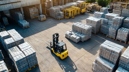 Obraz premium Portable Forklift working in concrete bricks storage factory