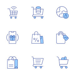 Shopping icons set. Line Duotone style, editable stroke. shopping bag, shopping cart, online shopping, loyalty, global market