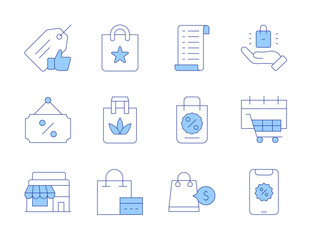 Shopping icons. Line Duotone style, editable stroke. shopping bag, shopping list, shopping, shop, best price, product, sign, sales