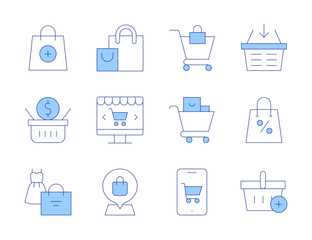 Shopping icons. Line Duotone style, editable stroke. shopping basket, shopping cart, shopping bag, mobile phone, online shopping, shopping, location pin