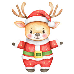 Adorable cartoon illustration of a Santa dressed as a reindeer, perfect for holiday themes, festive decorations, or cheerful greeting cards.