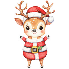 Fototapeta premium Adorable reindeer dressed as Santa brings festive cheer, perfect for holiday projects and children's themes. Ideal for conveying joy and warmth during the Christmas season.