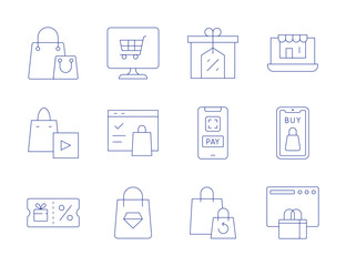Shopping icons. Thin Line style, editable stroke. online shop, Frame,  bag, voucher, online , discount, cashless, guarantee