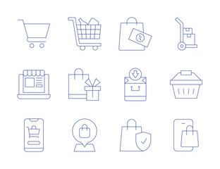 Shopping icons. Thin Line style, editable stroke. online shop, location pin, bag, trolley, discount, trolley cart, cart, online, basket