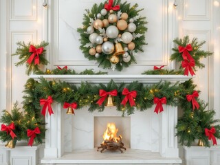 a fireplace with a wreath and a wreath on it