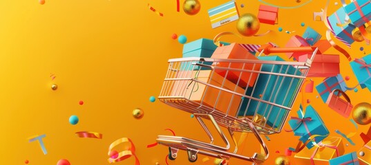 Vibrant E-Commerce Launch Flyer with Shopping Cart and Gift Boxes for Online Store Promotion