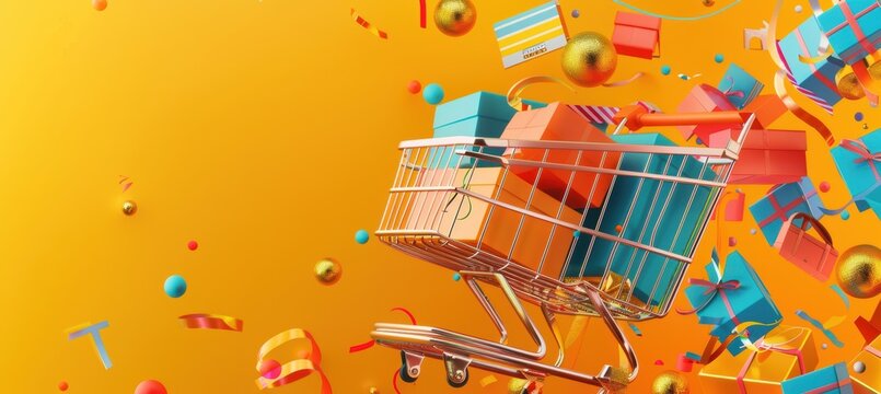 Vibrant E-Commerce Launch Flyer with Shopping Cart and Gift Boxes for Online Store Promotion