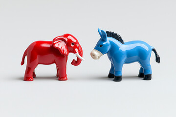 miniature red elephant and blue donkey figures on a neutral background, US political polarization