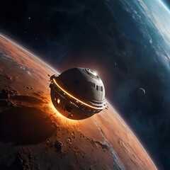 A futuristic spacecraft approaching a newly discovered exoplanet, glowing atmospheres and distant stars in the background, Generative AI