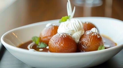 Dessert gulab jamun presented in a dish with vanilla whipped cream