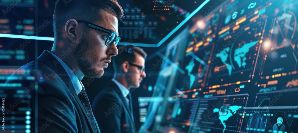 Poster advanced cybersecurity solutions with expert team in high-tech environment for business protection