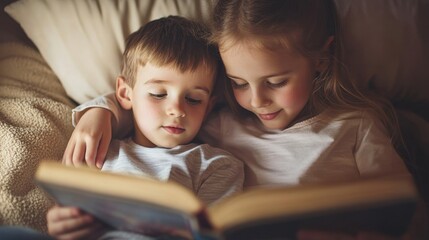 siblings reading a book together on the couch, the older sister with her arm around her younger brother, indoor soft lighting, cozy background,  close up shot